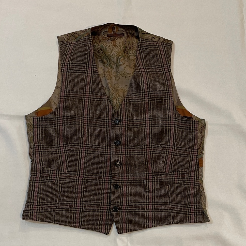 Etro plaid in purple sand and black with paisley lining.